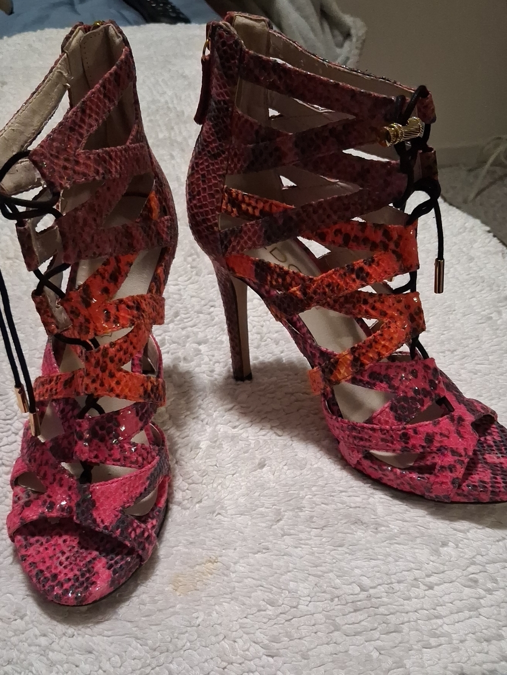 Aldo Pink and Orange Snake-Print Lace-Up High Heels